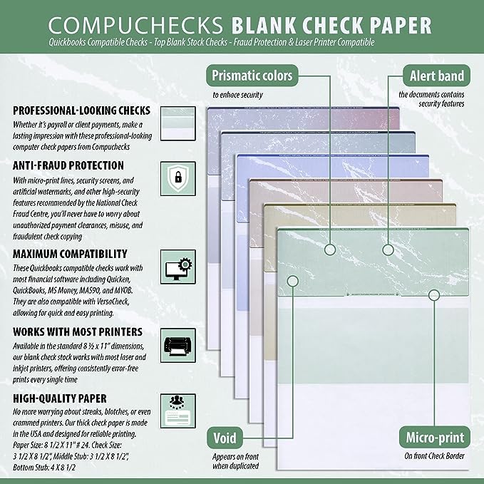 Compuchecks Blank Check Paper - 500 Pack - Computer Security Business Checks, QuickBooks & Laser Printer Compatible - Check On top, Voucher On Bottom - Check Paper Size 8 1/2-11 - Green Diamond - Image 3